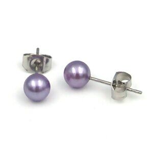 Lavender Pearl Stud Earrings Faux Stainless Surgical Steel Hypoallergenic 6mm